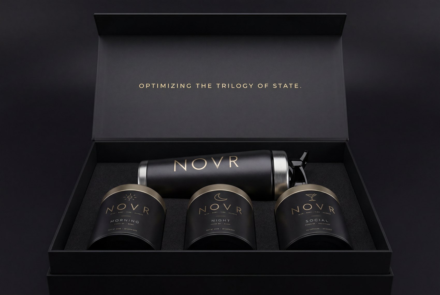 The NOVR System — Morning, Social and Night plus the precision shaker in the open magnetic presentation case